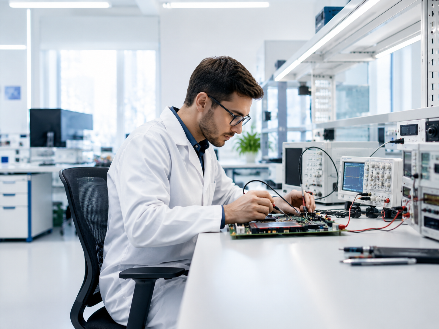 MontcauLab engineer testing a circuit board with an oscilloscope