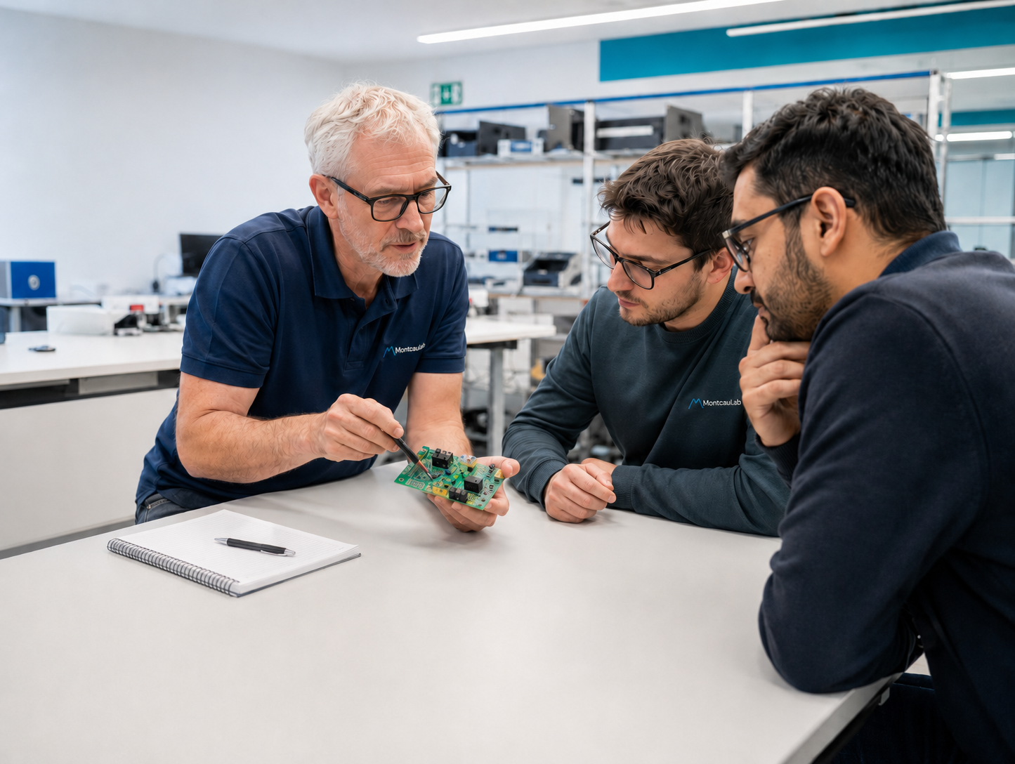 MontcauLab specialist reviewing a printed circuit board with the client's technical team